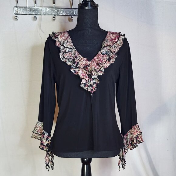 Jaipur Y2K Black Maroon Black Tan Animal Print Ruffle Neck Sequin LS Top Size XL - Picture 1 of 16